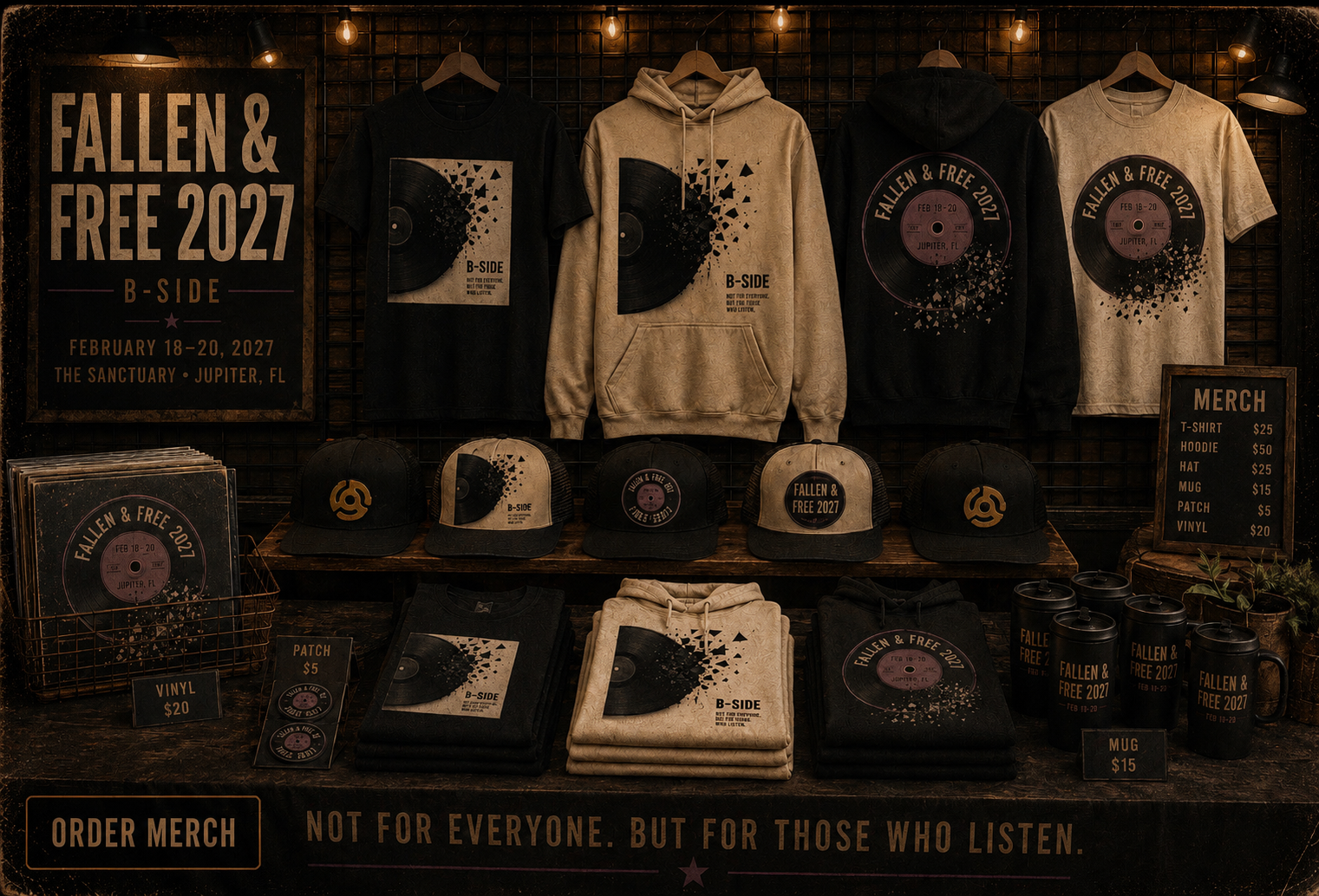Fallen & Free 2027 B-Side merch — t-shirts, hoodies, hats, mugs, patches and vinyl